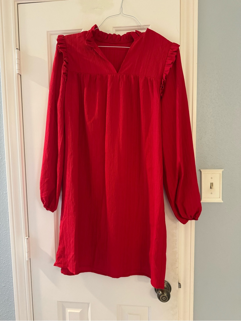 Red Ruffle-Yoke Long Sleeve Mini Dress